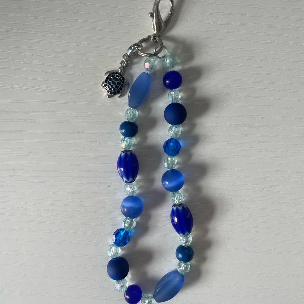 Blue Beaded Keychain with Silver Turtle Charm